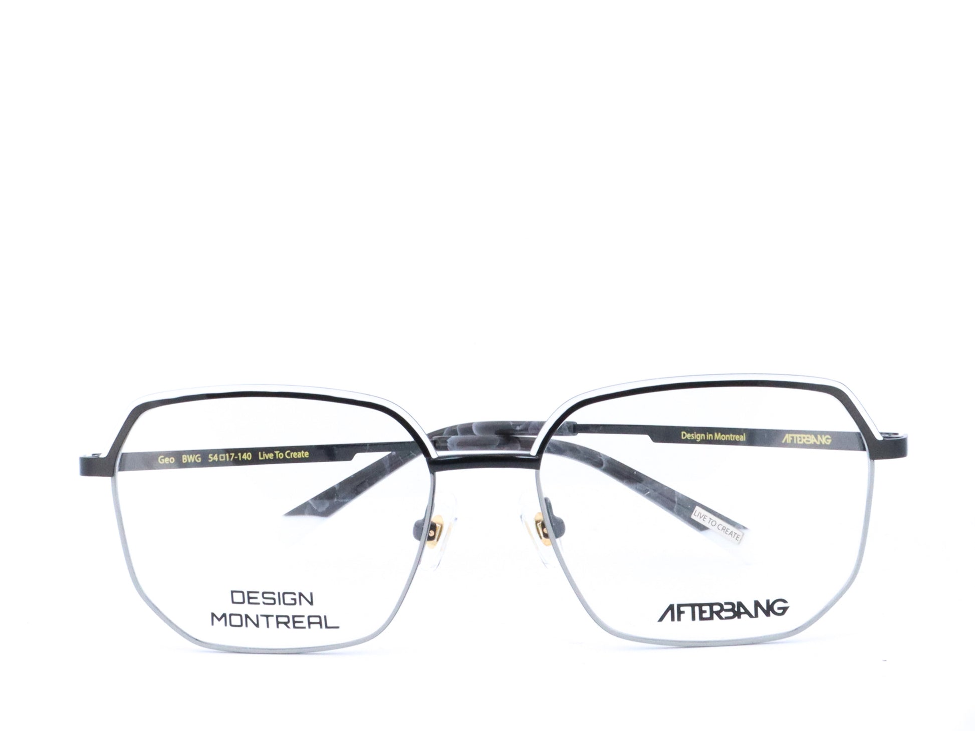 A pair of eyeglasses with a metallic frame and clear lenses, featuring the brand name 'AFTERBANG' and 'DESIGN MONTREAL' on the temples.