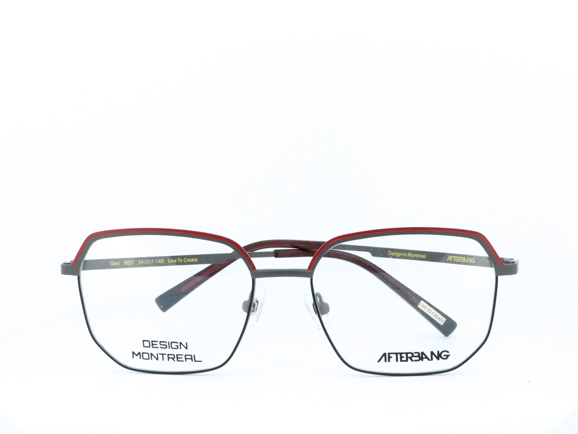 A pair of eyeglasses with a metallic frame and clear lenses, featuring the brand name 'AFTERBANG' and 'DESIGN MONTREAL' on the temples.