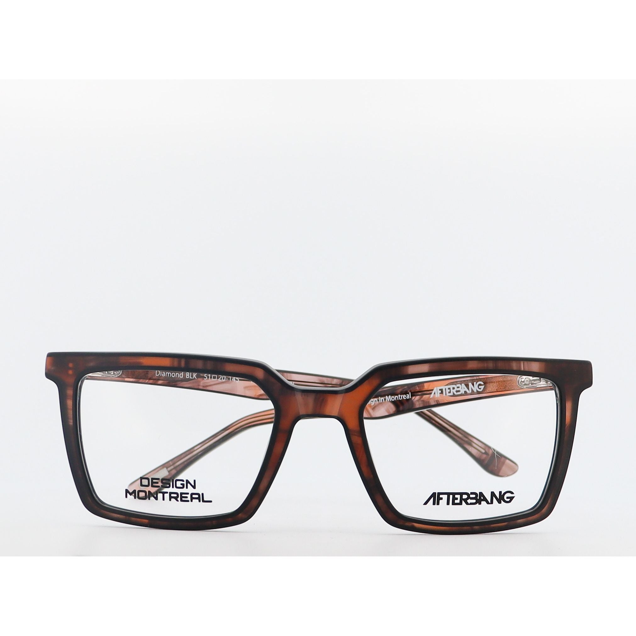 Brown eyeglasses with 'Design Montreal' and 'Aftersang' branding on a white background