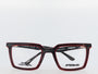 Red and black eyeglasses with 'AfterBang' branding on a white background