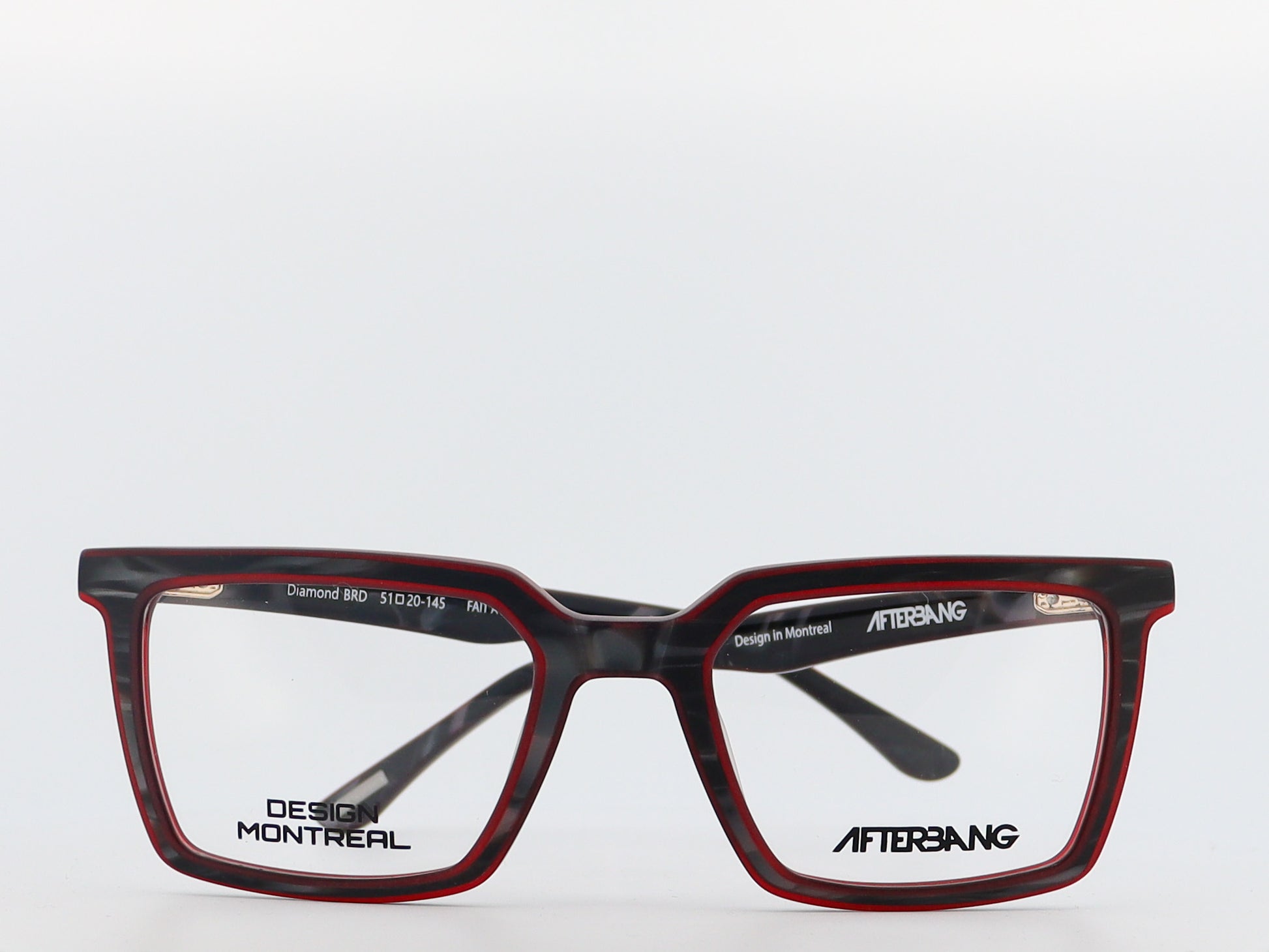 Red and black eyeglasses with 'AfterBang' branding on a white background