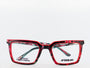 Red and black eyeglasses with 'Afterbang' branding on a white background
