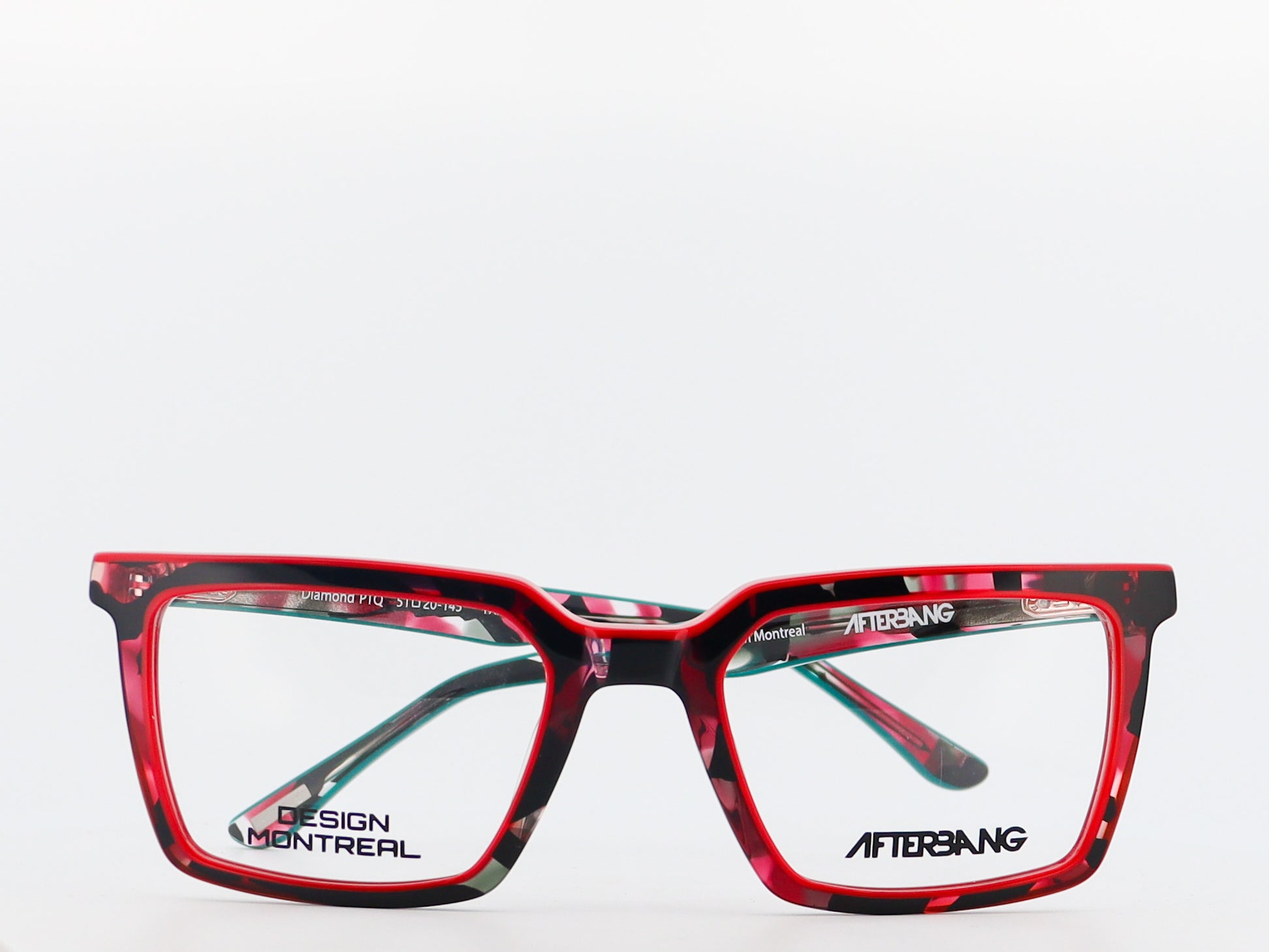 Red and black eyeglasses with 'Afterbang' branding on a white background