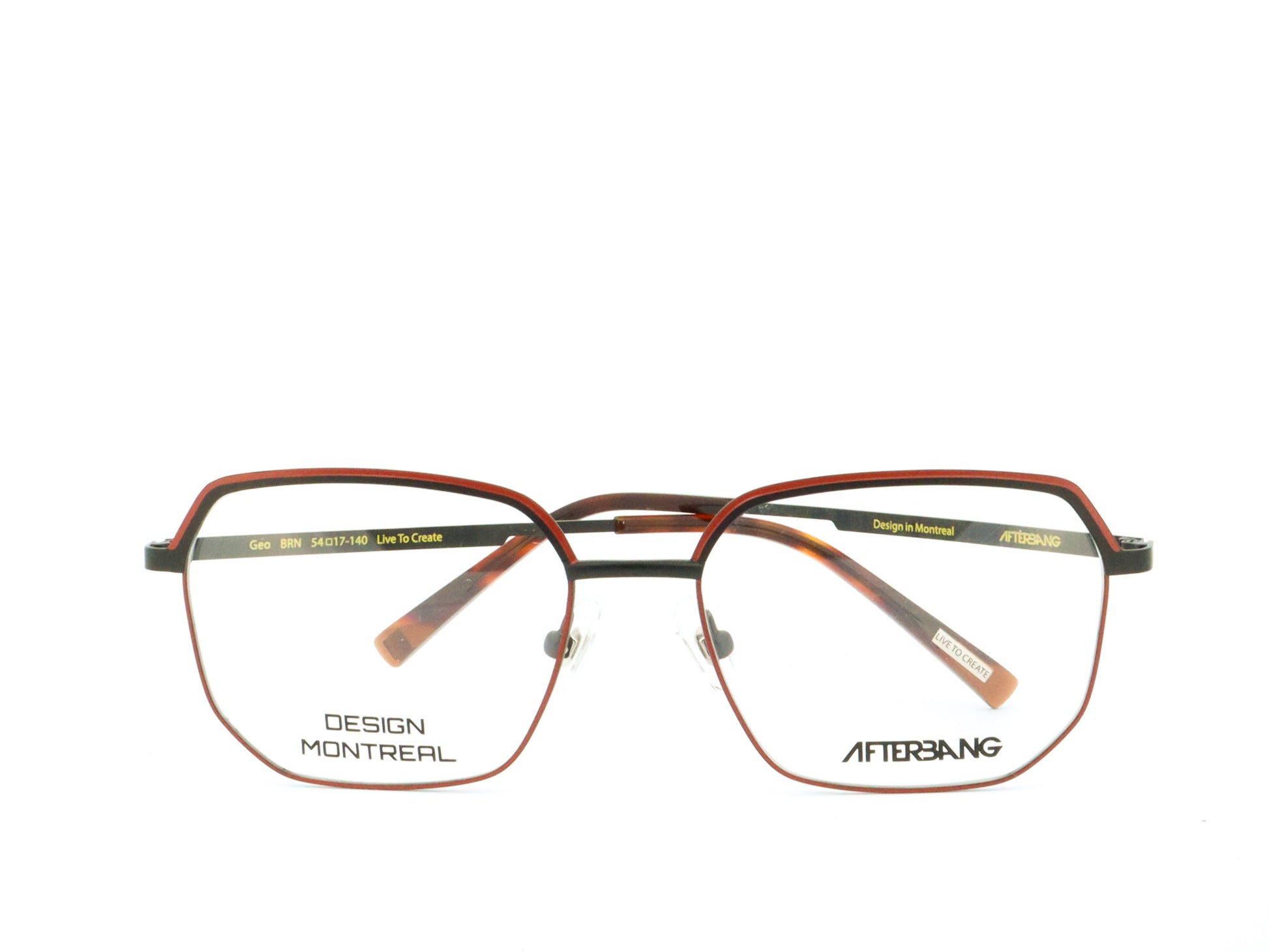 A pair of eyeglasses with a metallic frame and clear lenses, featuring the brand name 'AFTERBANG' and 'DESIGN MONTREAL' on the temples.