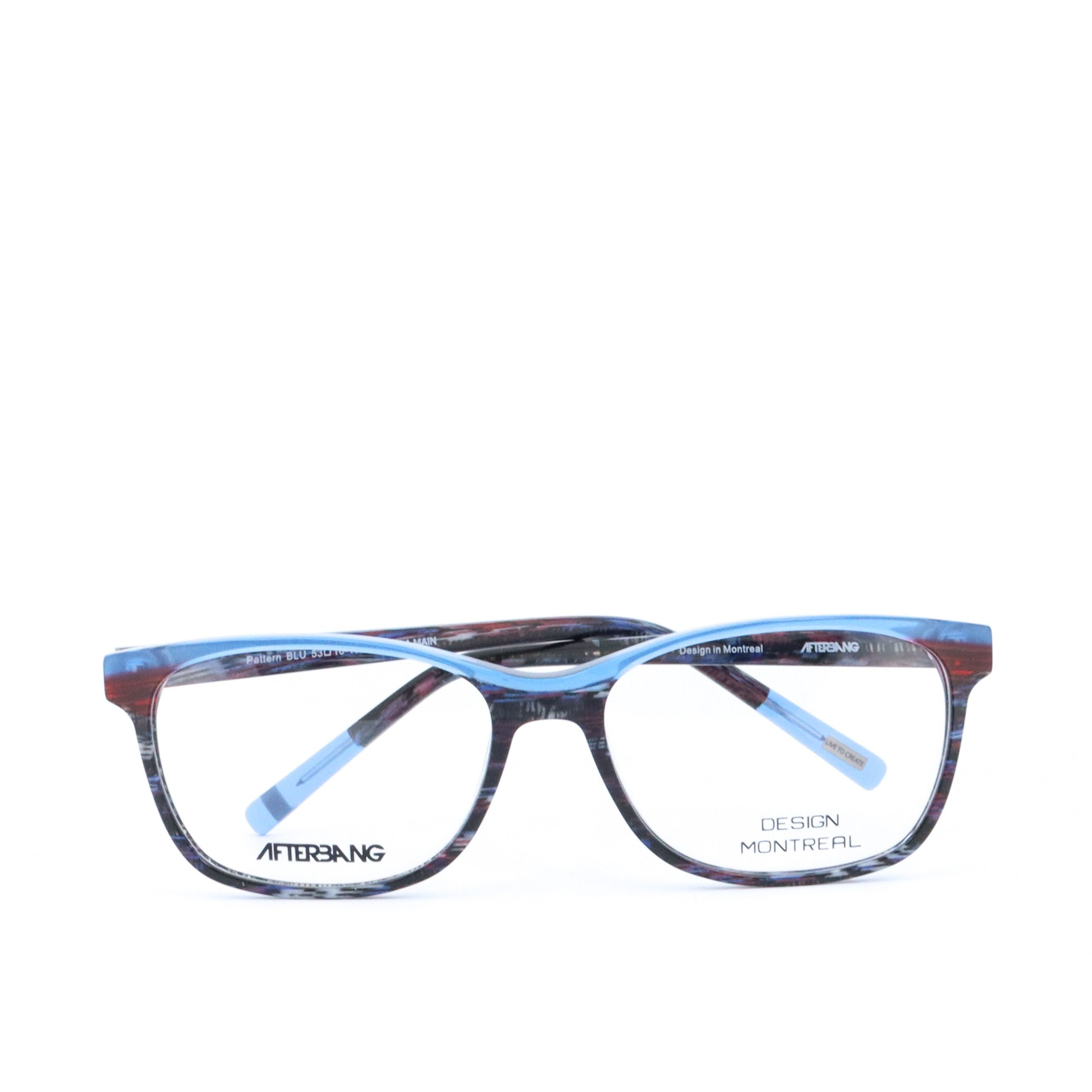 A pair of rectangular full frame eyeglasses with a patterned design, predominantly blue and brown, with visible brand name 'Afterling' on the side.