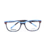 A pair of rectangular full frame eyeglasses with a patterned design, predominantly blue and brown, with visible brand name 'Afterling' on the side.