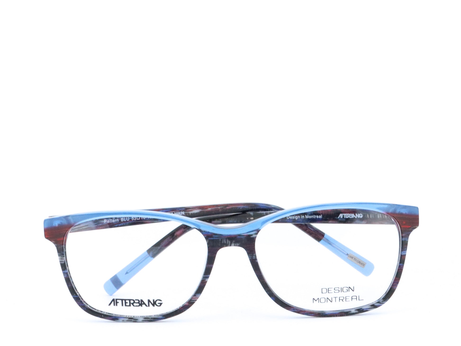 A pair of rectangular full frame eyeglasses with a patterned design, predominantly blue and brown, with visible brand name 'Afterling' on the side.