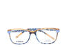 A pair of rectangular full frame eyeglasses with a patterned design, predominantly blue and brown, with visible brand name 'Afterling' on the side.