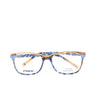 A pair of rectangular full frame eyeglasses with a patterned design, predominantly blue and brown, with visible brand name 'Afterling' on the side.