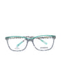 A pair of rectangular full frame eyeglasses with a patterned design, predominantly blue and brown, with visible brand name 'Afterling' on the side.