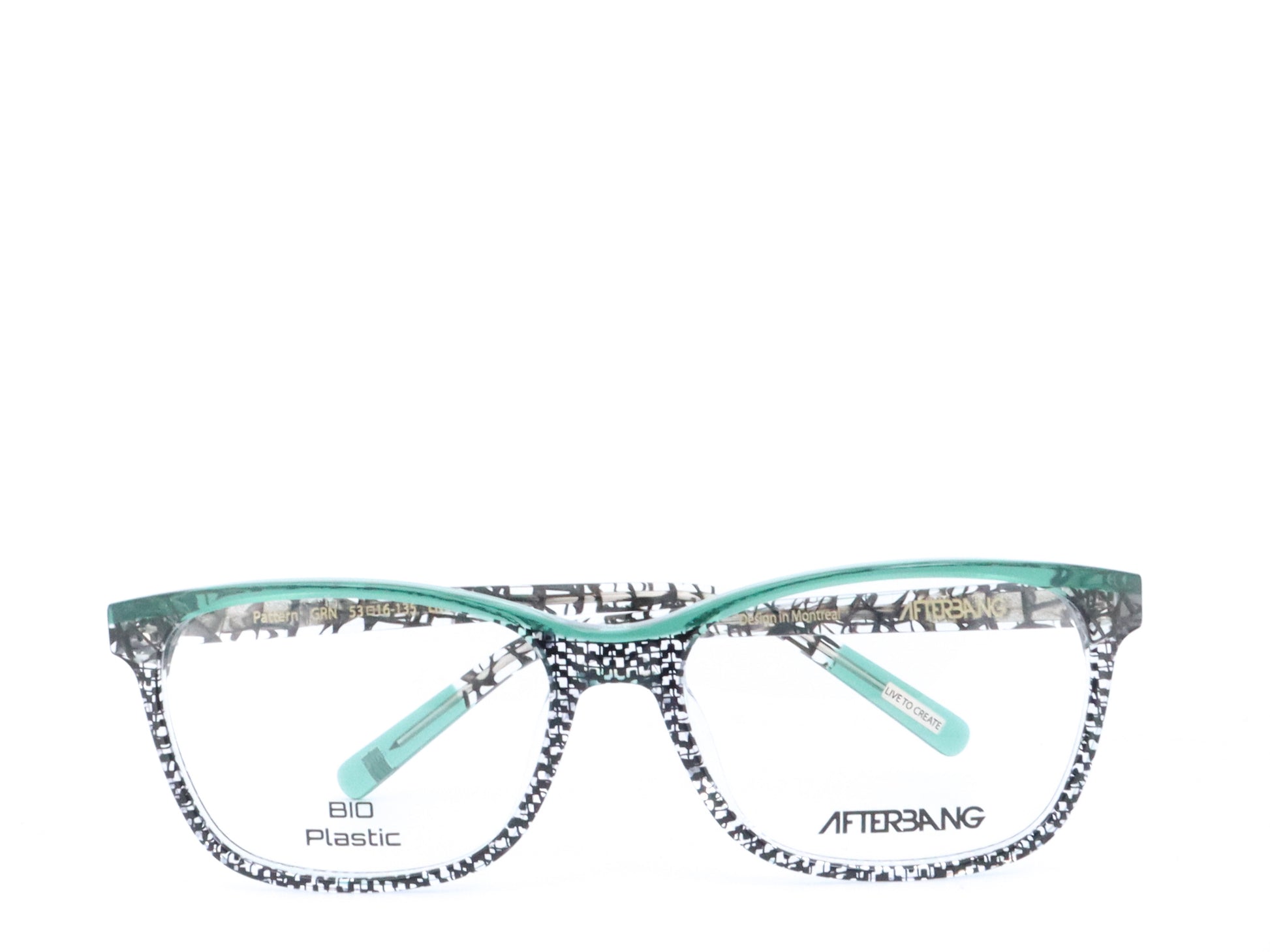 A pair of rectangular full frame eyeglasses with a patterned design, predominantly blue and brown, with visible brand name 'Afterling' on the side.