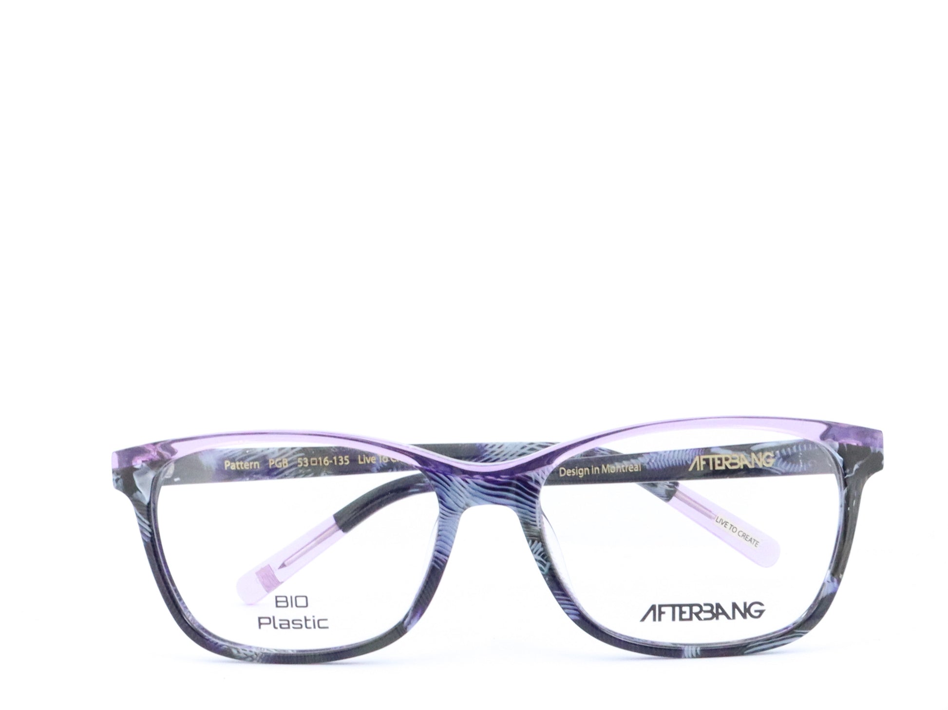 A pair of rectangular full frame eyeglasses with a patterned design, predominantly blue and brown, with visible brand name 'Afterling' on the side.