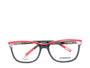 A pair of rectangular full frame eyeglasses with a patterned design, predominantly blue and brown, with visible brand name 'Afterling' on the side.