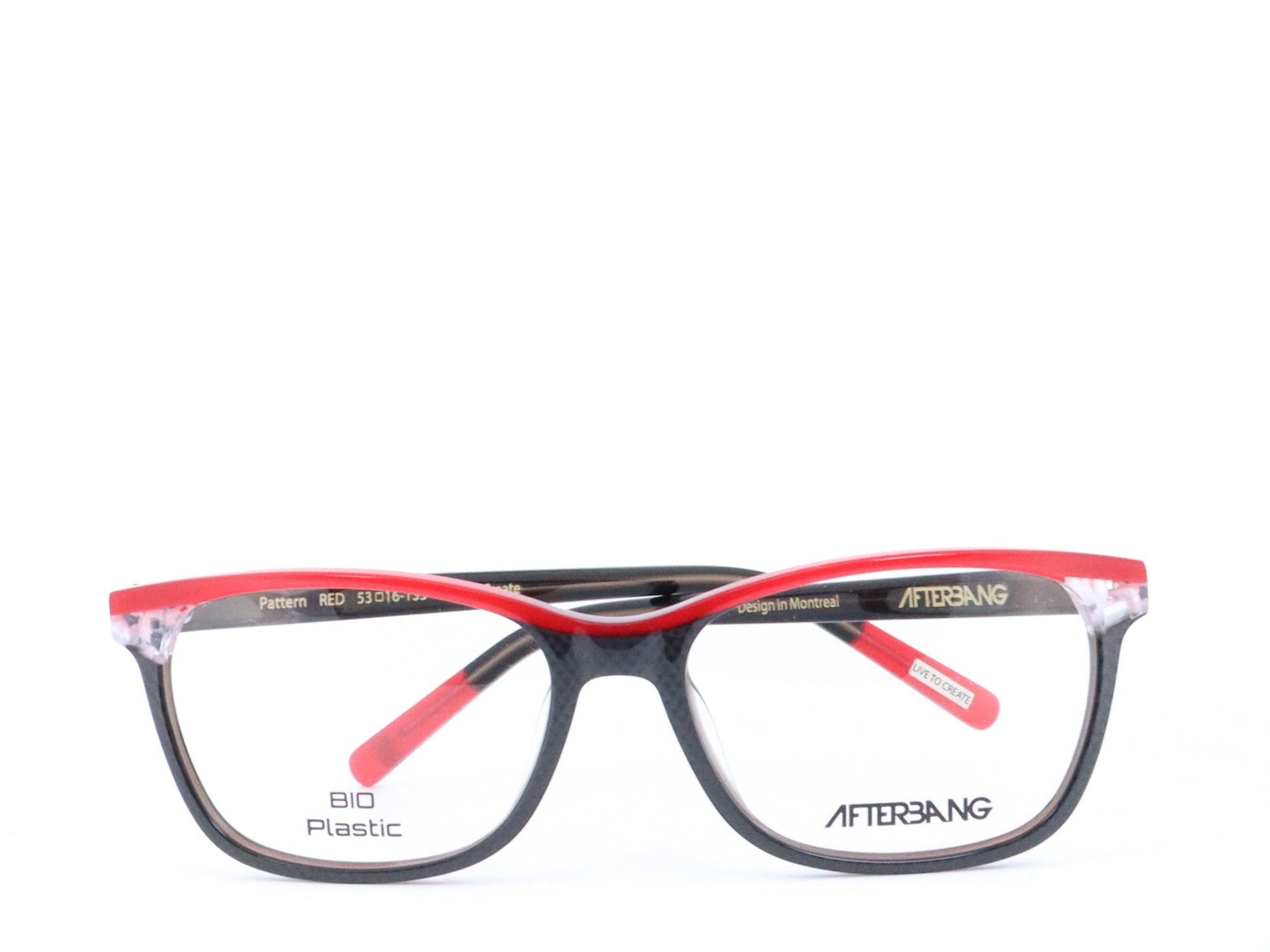 A pair of rectangular full frame eyeglasses with a patterned design, predominantly blue and brown, with visible brand name 'Afterling' on the side.
