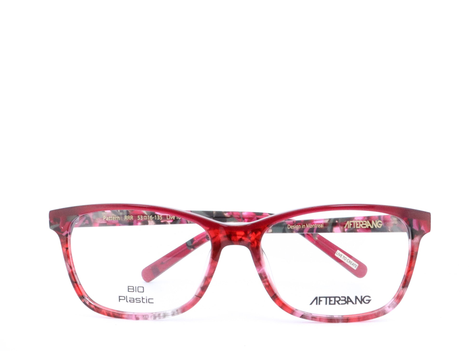 A pair of rectangular full frame eyeglasses with a patterned design, predominantly blue and brown, with visible brand name 'Afterling' on the side.