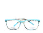 A pair of rectangular full frame eyeglasses with a patterned design, predominantly blue and brown, with visible brand name 'Afterling' on the side.