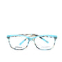 A pair of rectangular full frame eyeglasses with a patterned design, predominantly blue and brown, with visible brand name 'Afterling' on the side.