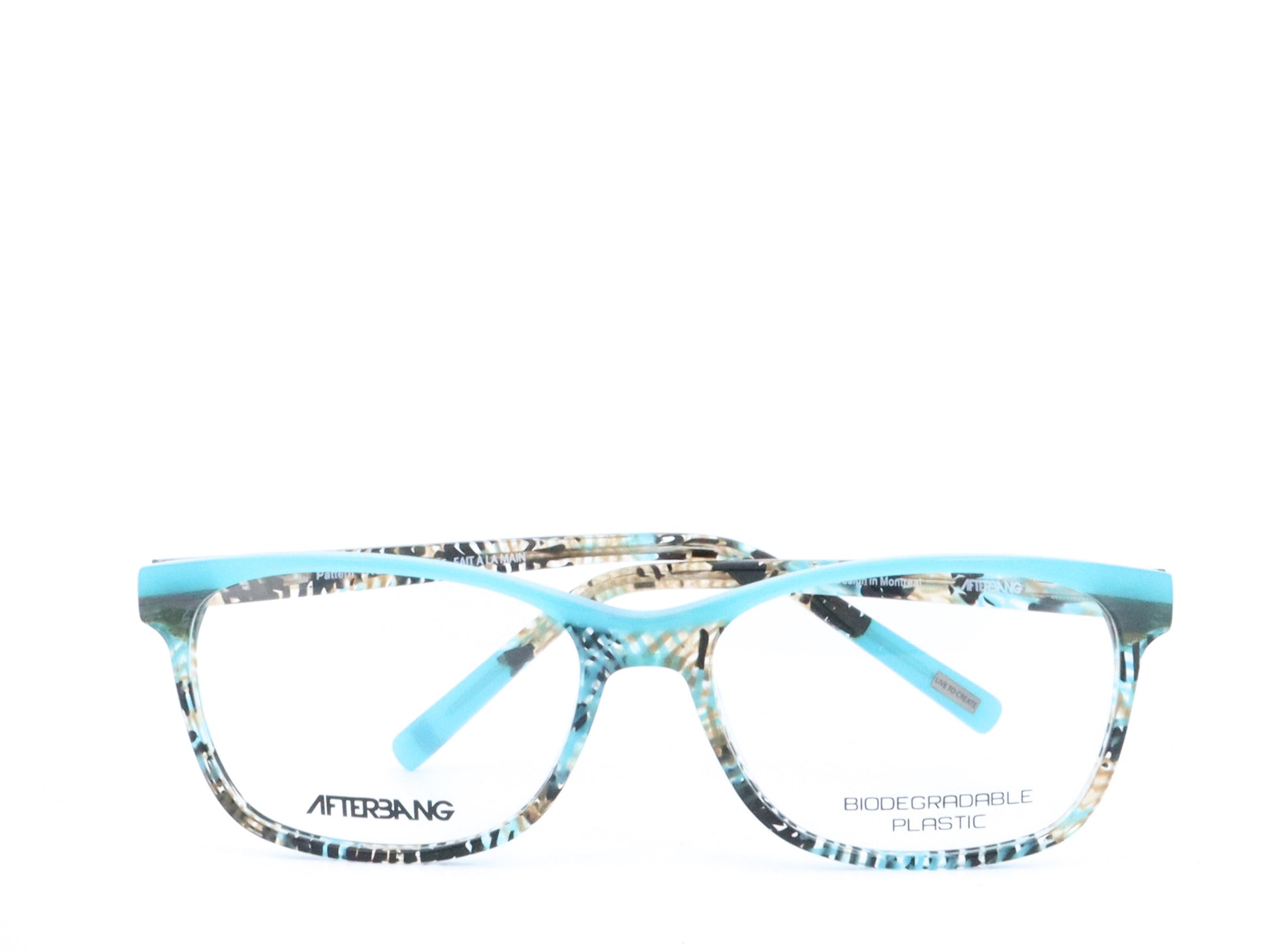 A pair of rectangular full frame eyeglasses with a patterned design, predominantly blue and brown, with visible brand name 'Afterling' on the side.