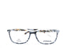 A pair of rectangular full frame eyeglasses with a patterned design, predominantly blue and brown, with visible brand name 'Afterling' on the side.