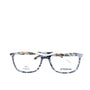A pair of rectangular full frame eyeglasses with a patterned design, predominantly blue and brown, with visible brand name 'Afterling' on the side.