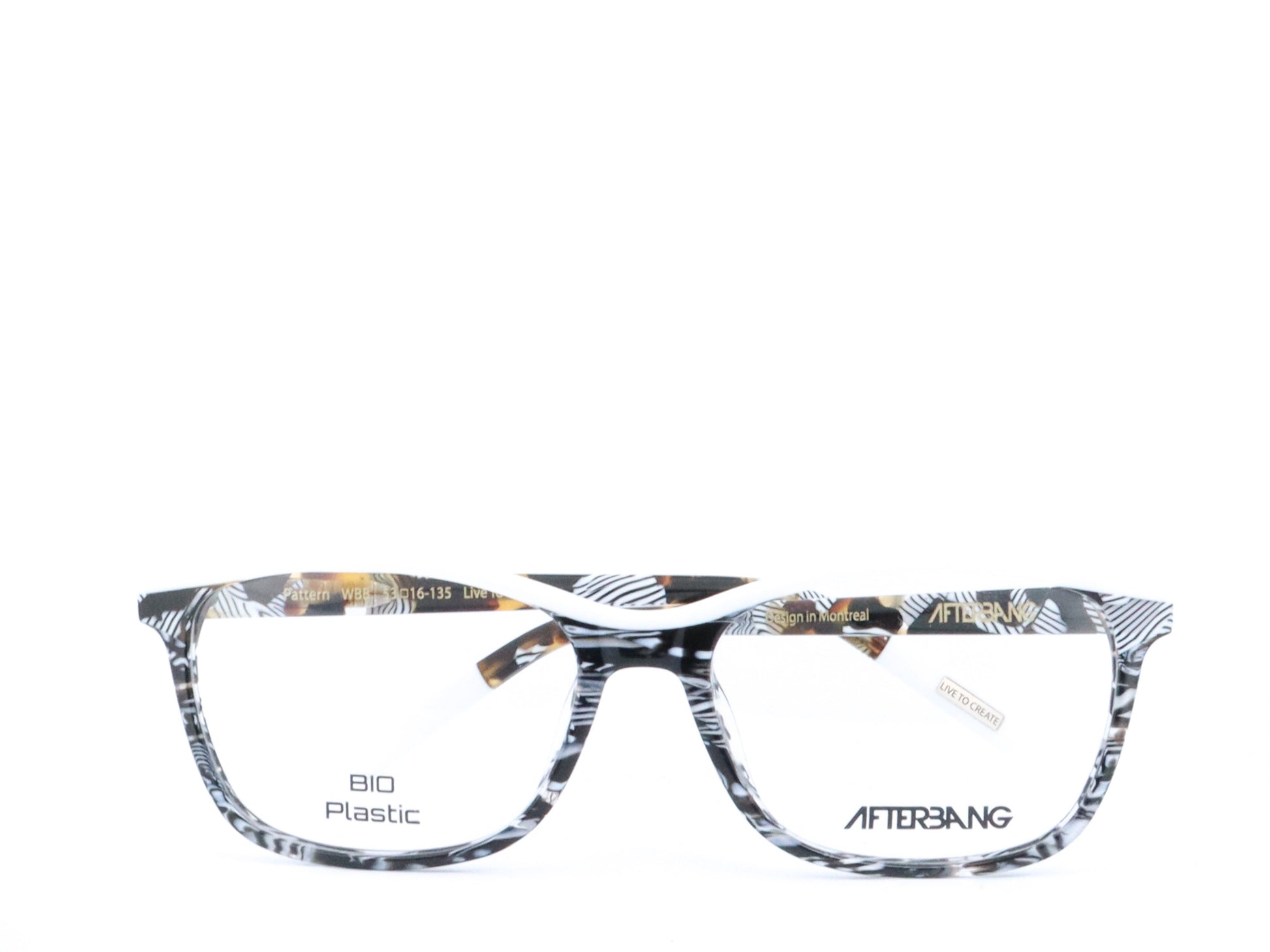 A pair of rectangular full frame eyeglasses with a patterned design, predominantly blue and brown, with visible brand name 'Afterling' on the side.