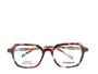A pair of eyeglasses with a black and white patterned frame, front view.