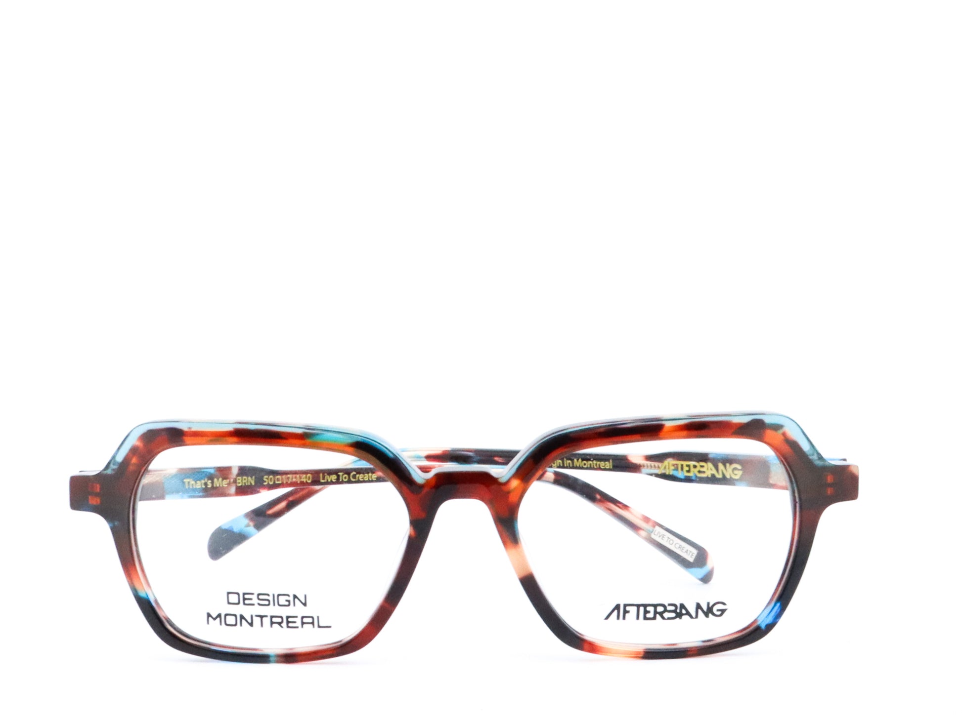 A pair of eyeglasses with a black and white patterned frame, front view.