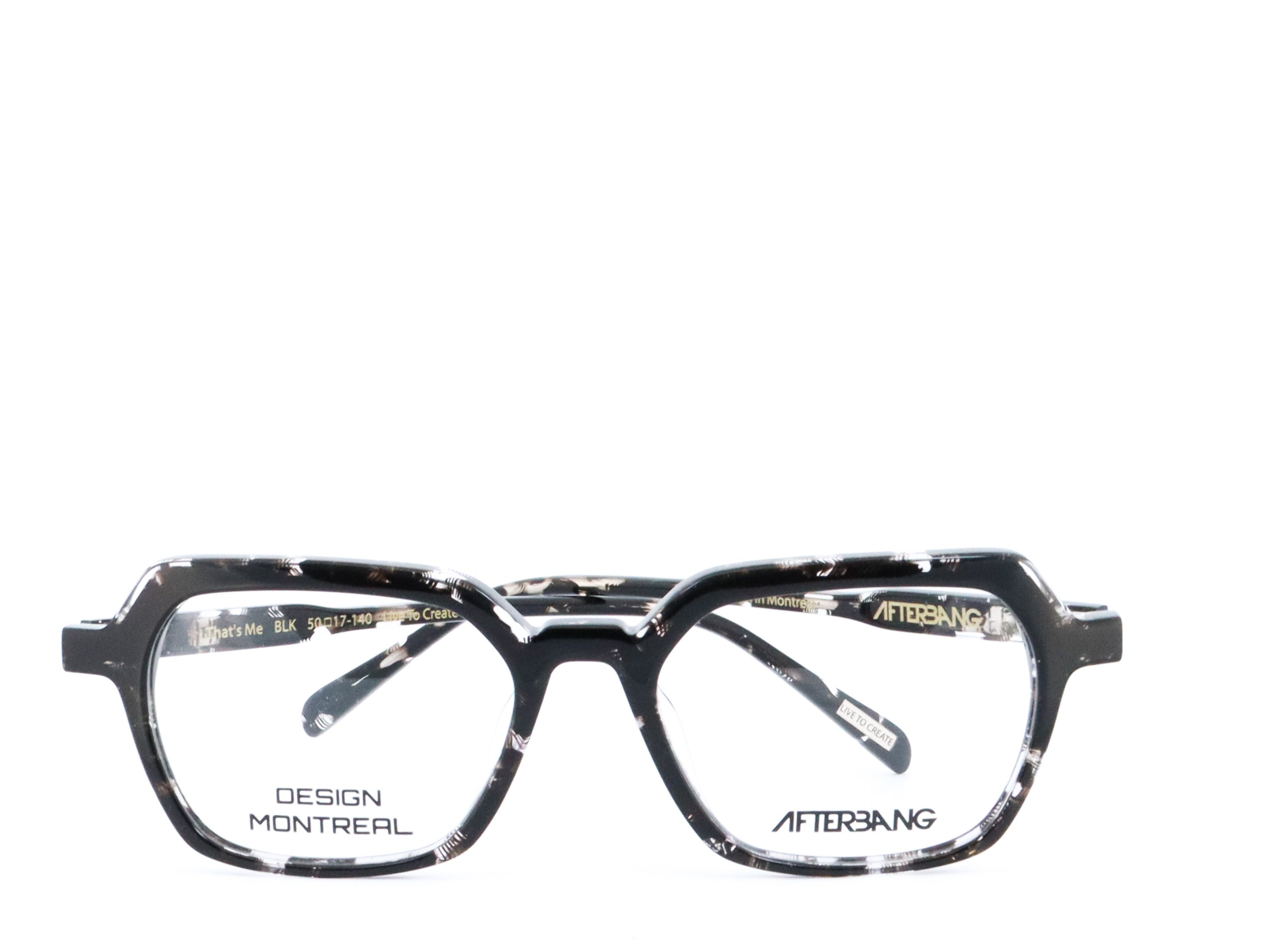 A pair of eyeglasses with a black and white patterned frame, front view.