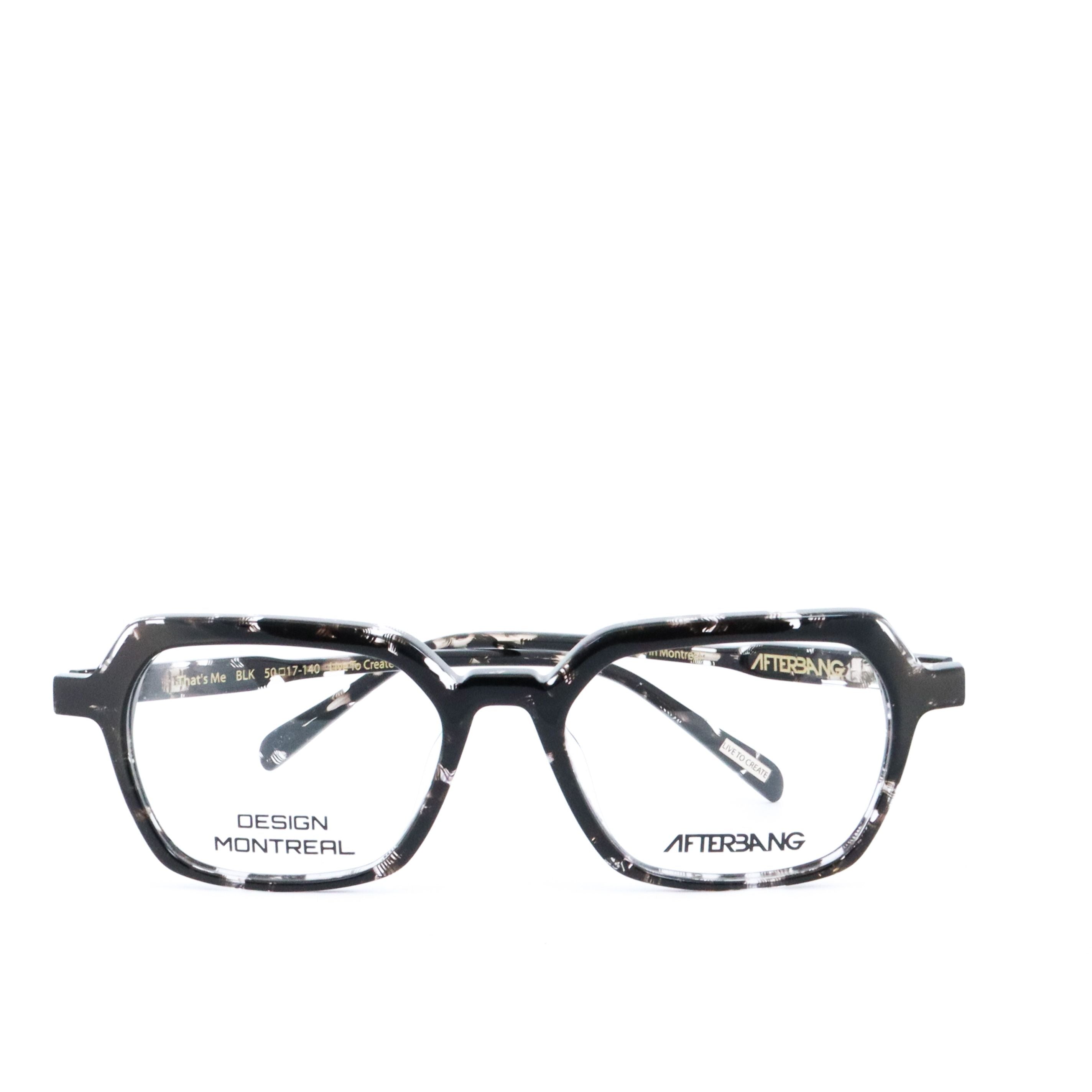 A pair of eyeglasses with a black and white patterned frame, front view.