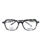 A pair of eyeglasses with a black and white patterned frame, front view.