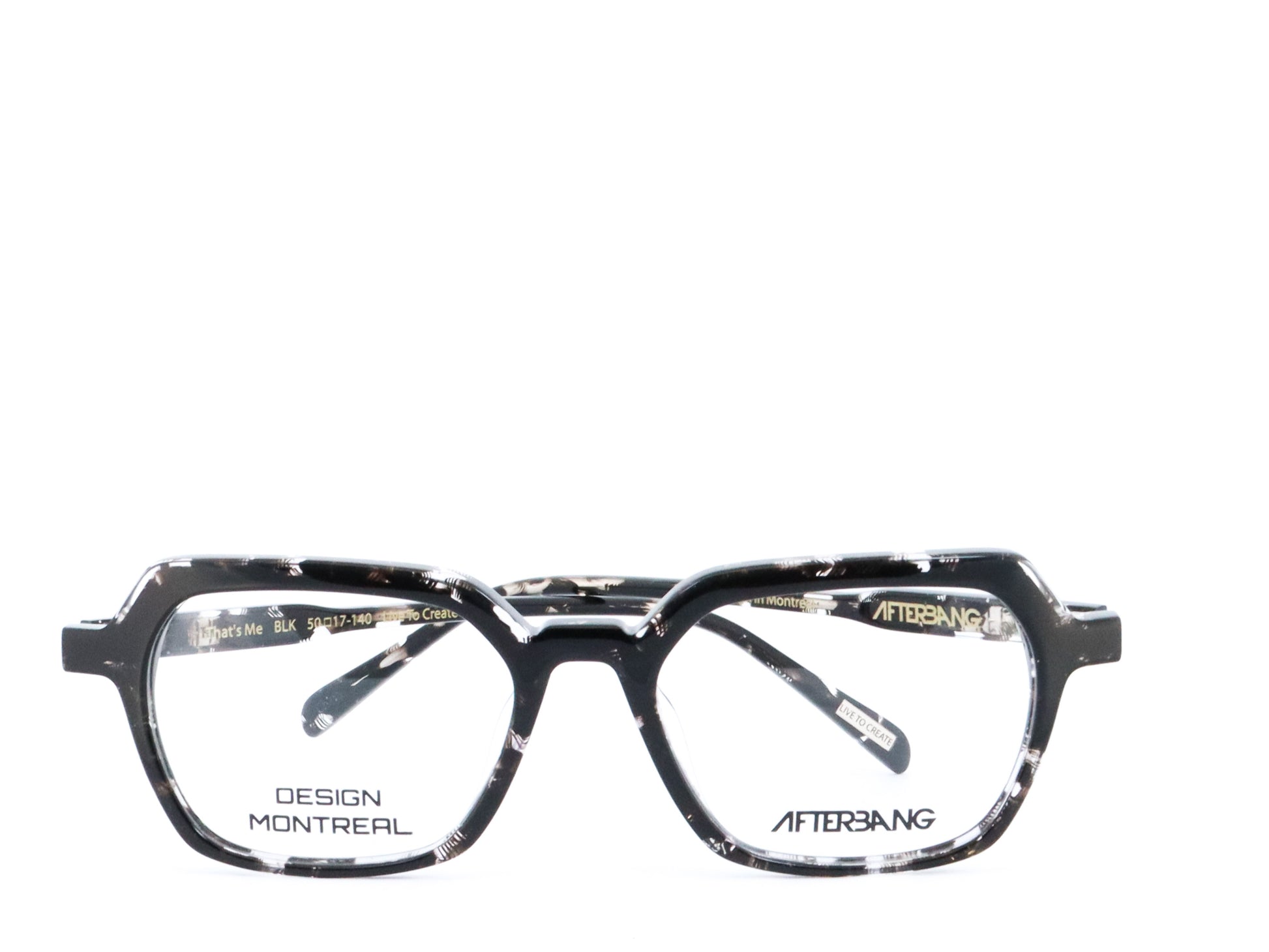 A pair of eyeglasses with a black and white patterned frame, front view.