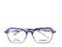 A pair of eyeglasses with a black and white patterned frame, front view.