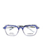 A pair of eyeglasses with a black and white patterned frame, front view.