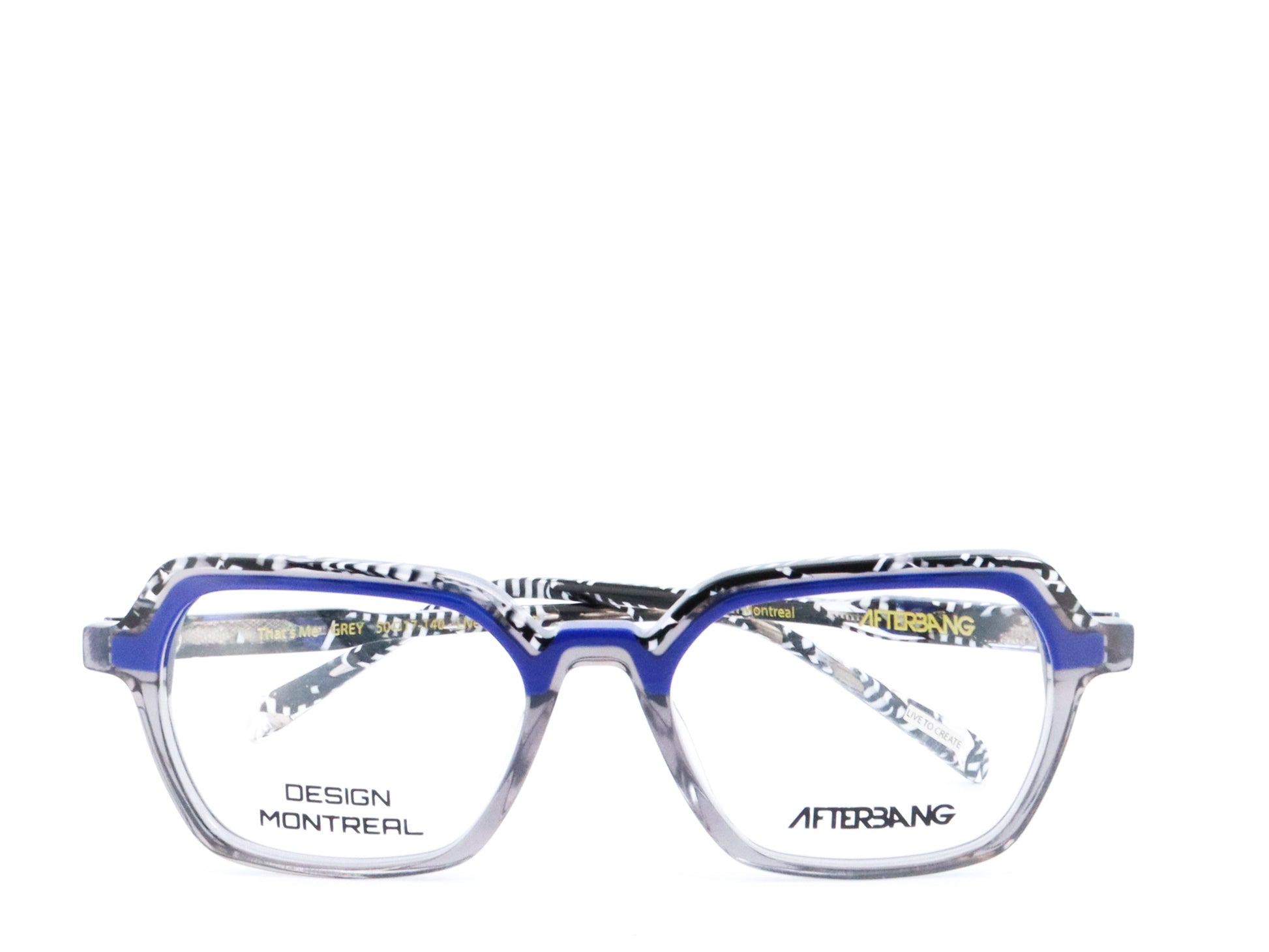 A pair of eyeglasses with a black and white patterned frame, front view.