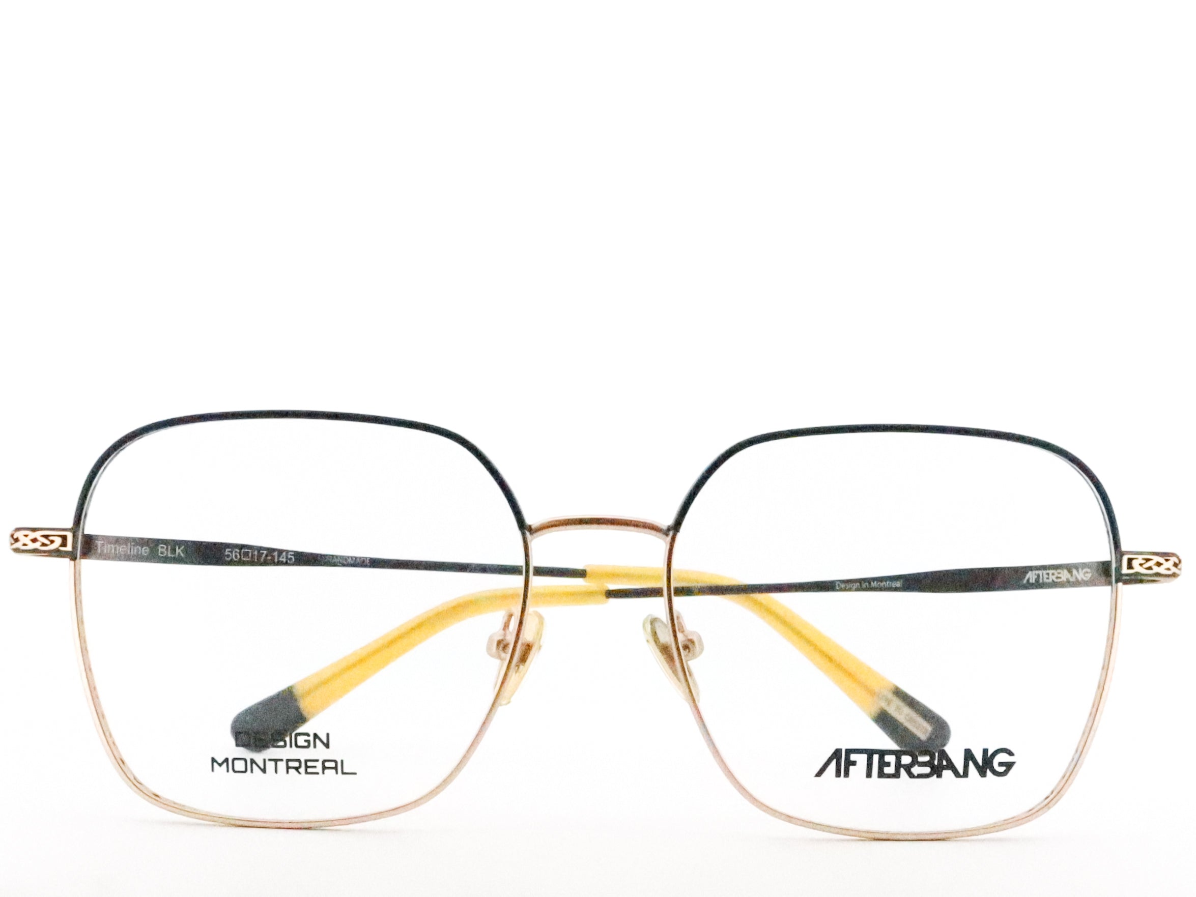 Eyeglasses with gold frame and yellow accents on a white background, featuring 'Afterbang' branding.
