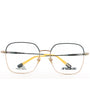 Eyeglasses with gold frame and yellow accents on a white background, featuring 'Afterbang' branding.