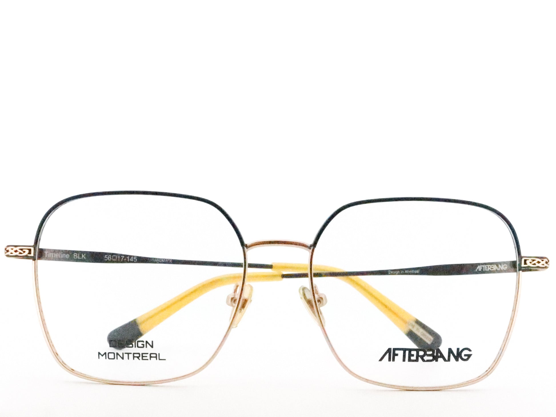 Eyeglasses with gold frame and yellow accents on a white background, featuring 'Afterbang' branding.