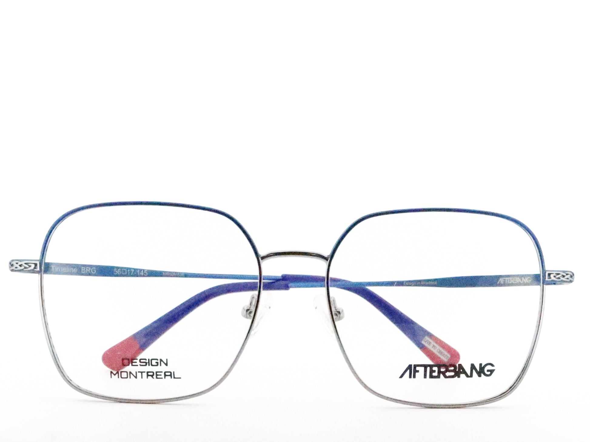 Blue and silver eyeglasses with 'Afterbang' branding on a white background