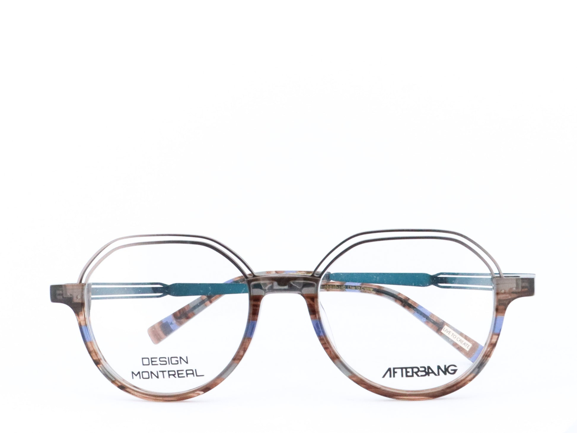 A pair of eyeglasses with black and orange frames, featuring the text 'DESIGN MONTRÉAL' and 'AFTERBANG' on the temples.